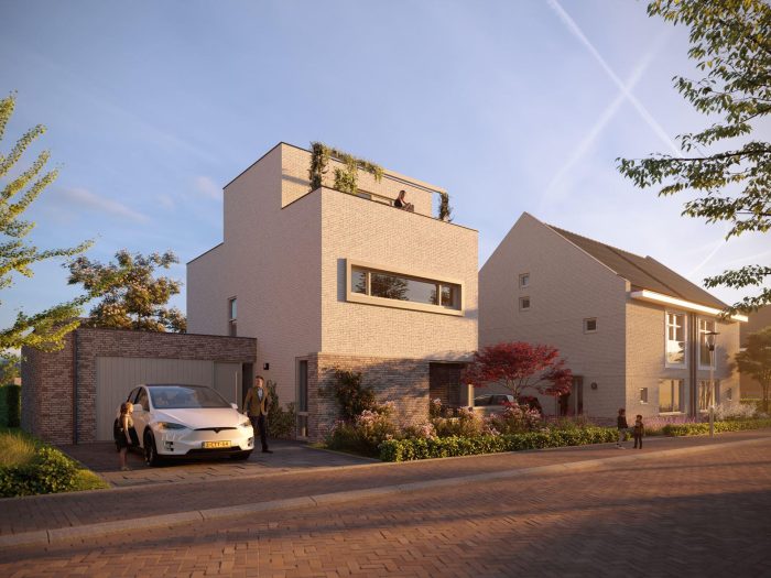 Nieuw Absbroek Geleen – moderne witte villa met dakterras, horizontaal panorama-raam en aangebouwde garage, avondzon en beplante voortuin