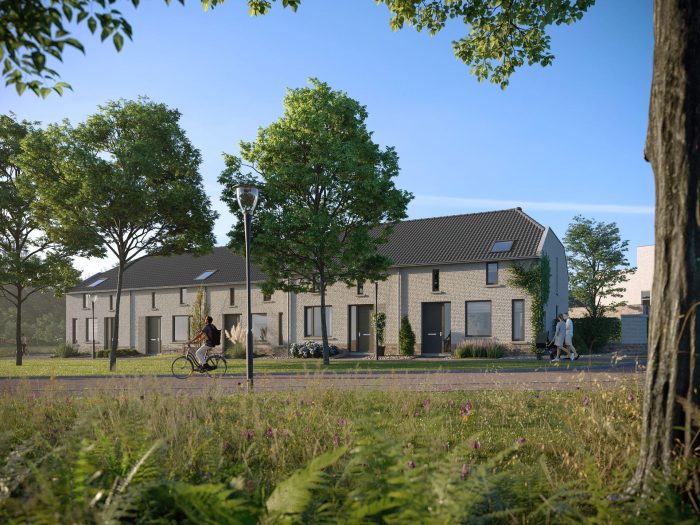 Nieuw Absbroek Geleen – impressie van lichte bakstenen rijwoningen met zadeldaken langs groene straat met bomen, fietser en wandelend gezin