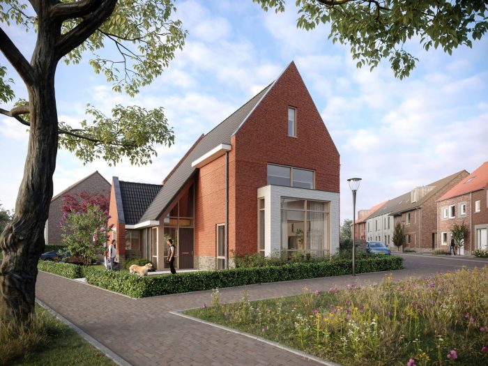 Nieuw Absbroek Geleen – hoekwoning in rood baksteen met hoge kap en grote hoekpui, groene voortuin en bloemrijk straatprofiel