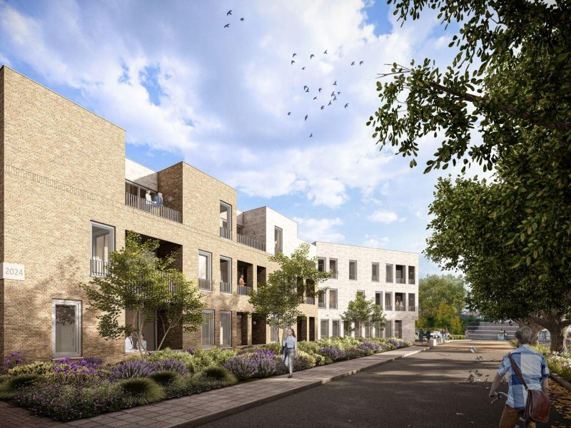 D’r Burggraaf Gulpen – architectuurimpressie van bakstenen woonblok met loggia’s en balkons, groene straat met bomen en voetgangers
