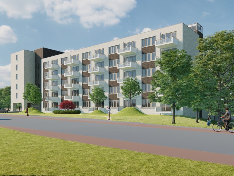 Impressie nieuwbouw sociale huurappartementen Maastricht-West met lichte gevel en ritmische balkons langs een groene laan met fietsers.