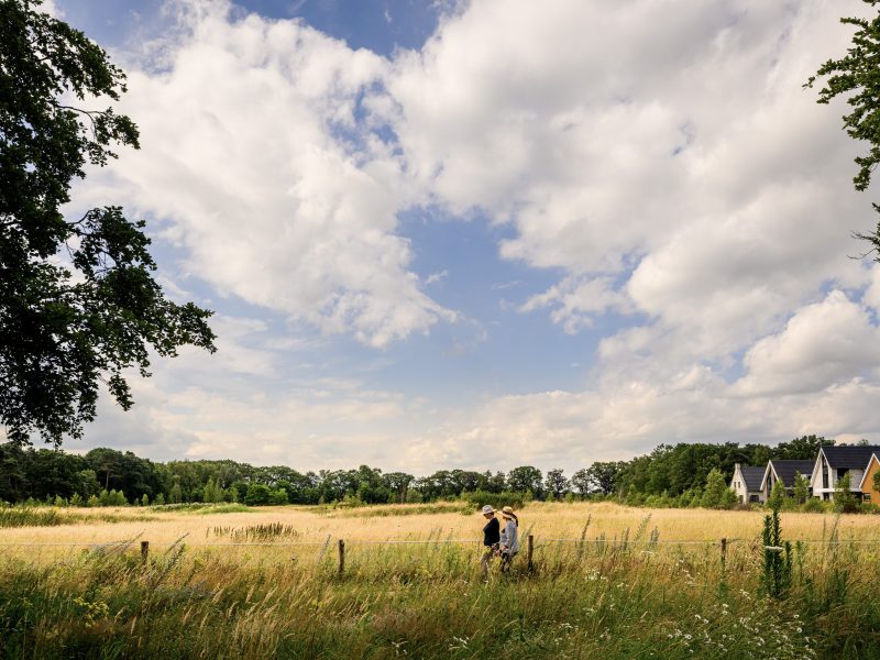 Twee vrouwen wandelen in een veld in een groene omgeving met blauwe lucht en bewolking, met een aantal huizen op de achtergrond